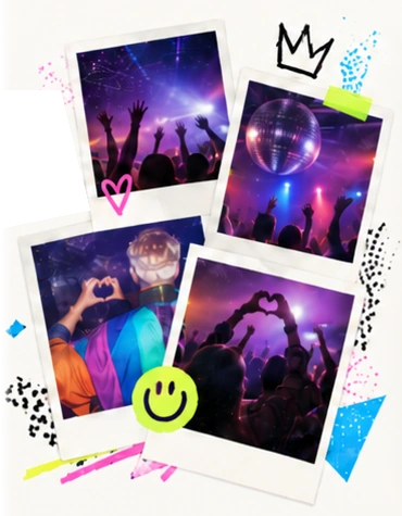 Dekorative Partycollage mit Discokugel und Polaroidmotiven